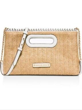 MICHAEL Michael Kors Rosalie Large Straw Raffia Crossbody Clutch White Leather